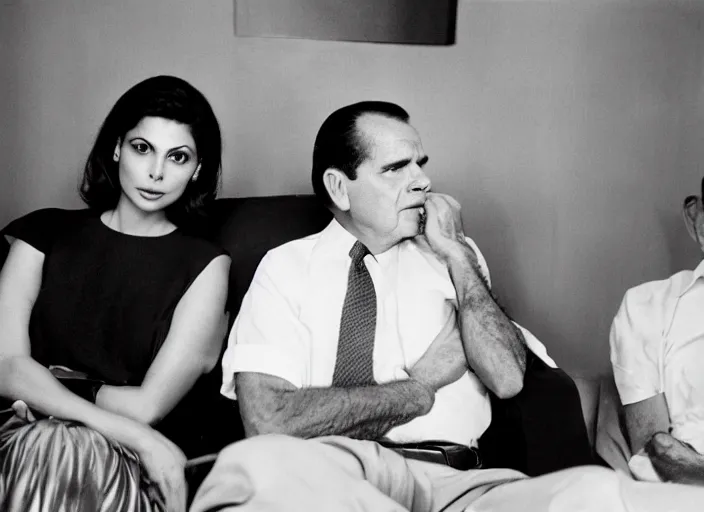 Image similar to Morena Baccarin and Richard Nixon doing Heroin, photograph by Harry Benson, 4K Studio photo