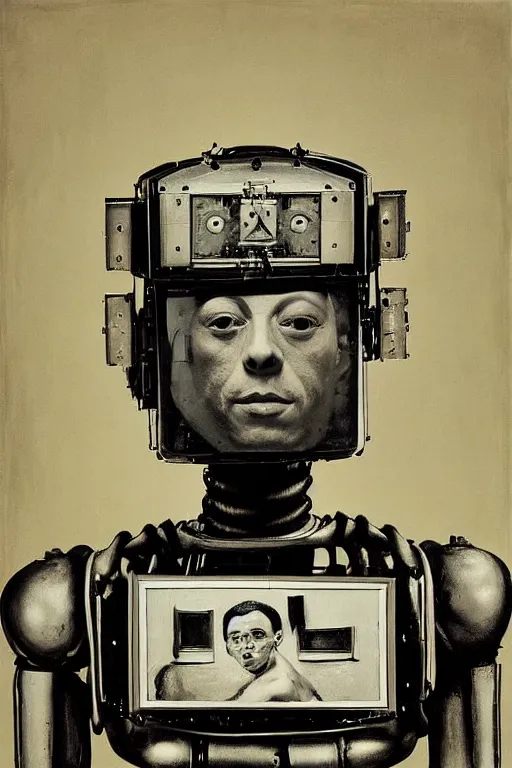 Image similar to robot monk painting a self - portrait on a canvas. intricate, highly detailed, photorealistic, film still, by richard avedon.