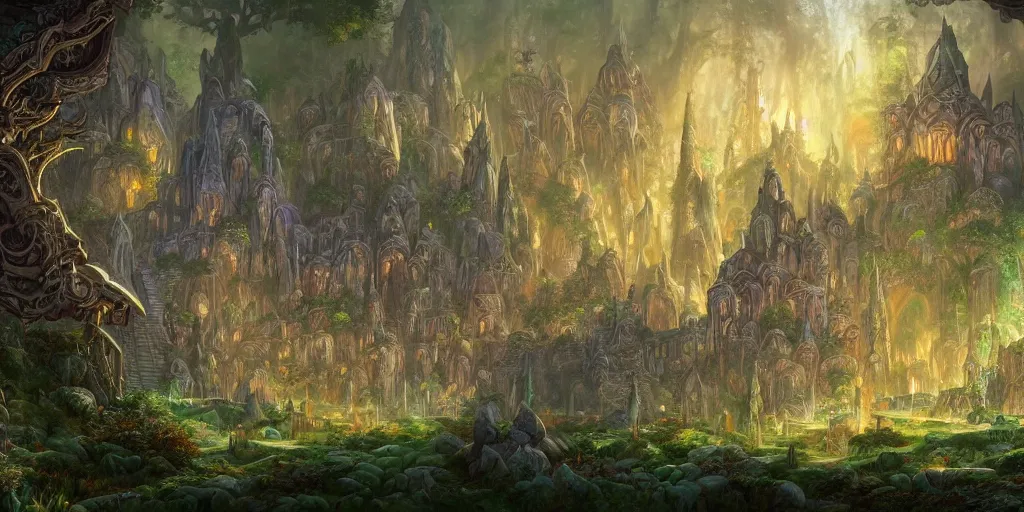 Image similar to An ancient elven city in a magical forest, high detail, many characters and creatures, cartoon style, D&D, world of warcraft, by Jimmy Wong and Greg Rutkowski, 4096x2160