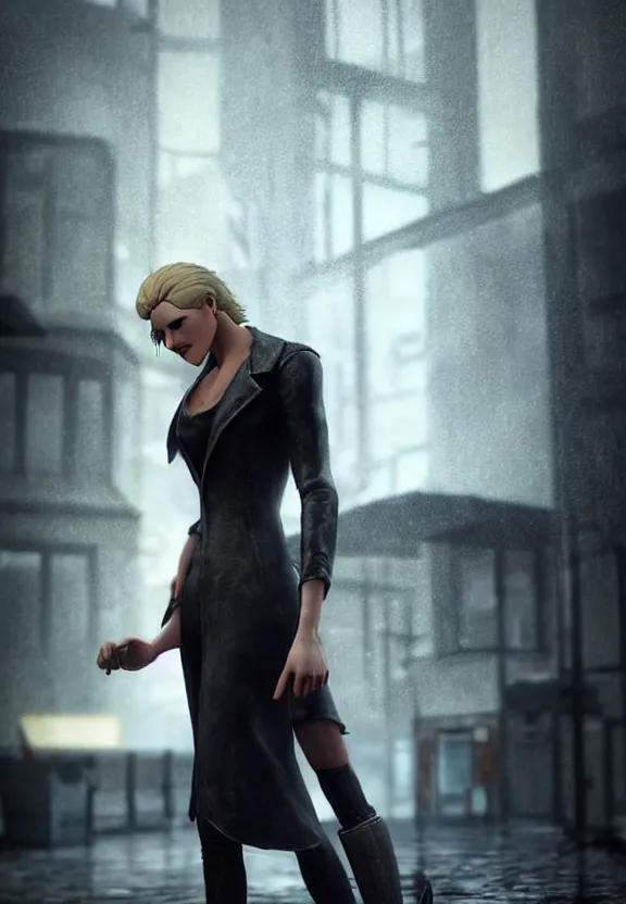 Image similar to cosmopolitan model annie leonhart posing with open toe heels in dunwall city, beautiful face, detailed face, realistic eyes, cinematic lighting, rainy weather, melancholy atmosphere, volumetric light, octane render, gothic architecture, realistic reflections, model agency, instagram photo, depression and despair