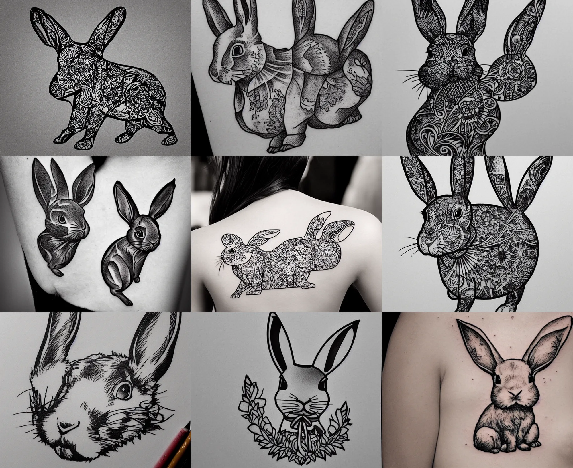 Prompt: well - detailed tattoo stencil of a full body bunny rabbit, bold strong lines very highly aesthetic