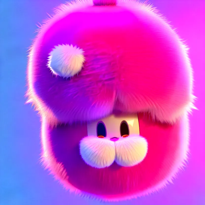 Image similar to high quality 3 d render hyperrealistic very cute big spherical creature, mustache, plush mascot, short spiky dense fluffy smooth hair, isometric 3 d, psychedelic lighting pink fluffy fur 1 cm long, 1 5 0 mm, smooth background, artstation, ultra detailed, elegant, ultra detailed, octane render