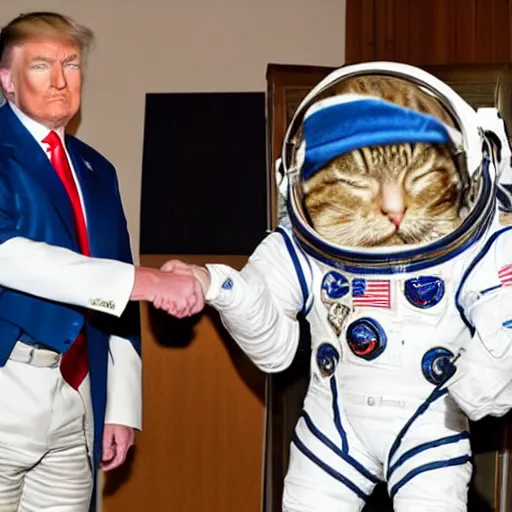 Prompt: donald trump shaking hands with astronaut cat