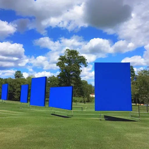 Prompt: Giant Block shaped screens displaying blue sky