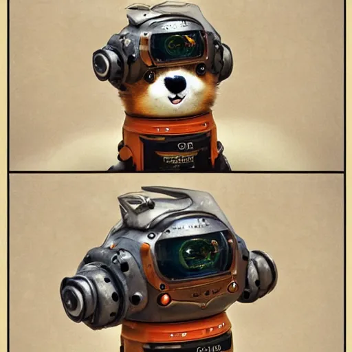 Image similar to a cute happy corgi robot by alfred stevens, detailed, intricate, cyberpunk, cinematic, breathtaking