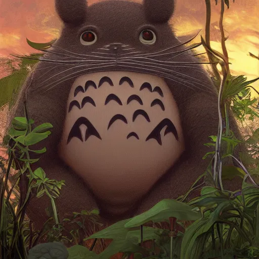 Image similar to portrait of a scary horrific totoro in a dense jungle at sunset, detailed, centered, digital painting, artstation, concept art, donato giancola, alphonse mucha, Joseph Christian Leyendecker, WLOP, Boris Vallejo, Breathtaking, 8k resolution, extremely detailed, beautiful, establishing shot, artistic, hyperrealistic, beautiful face, octane render