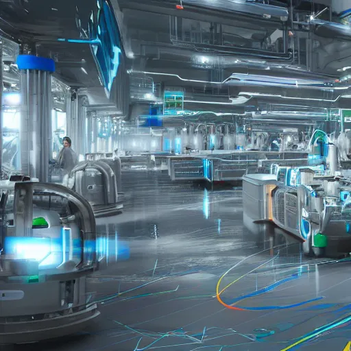 Prompt: A futuristic high-tech factory run by artificial-intelligence, digital art, 4k, realistic, unreal engine