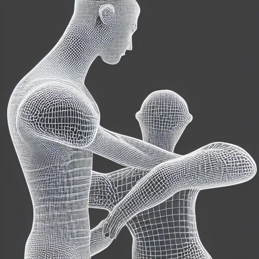 Image similar to beautiful abstract human bodies intertwined, wireframe, perfect topology, 3 d model, 3 d mesh, gradients, atmospheric lighting, octane render