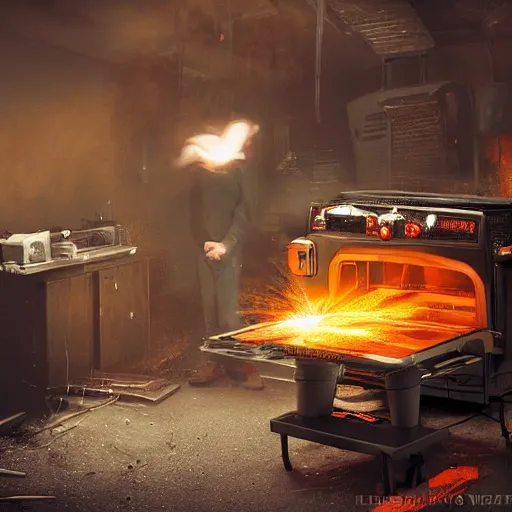 Image similar to cyborg toaster oven repairman, dark messy smoke - filled cluttered workshop, dark, dramatic lighting, orange tint, sparks, plasma rays, cinematic, highly detailed, sci - fi, futuristic, movie still, rule of thirds composition