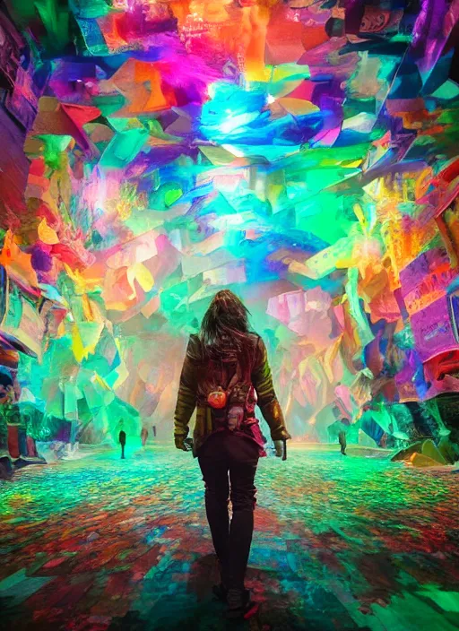 Image similar to cinematic shot epic hall of creatives, walls of large moving images, hyper realistic, mood lighting, fantasy, detailed people creating colorful diverse art, highly detailed, super realistic, perfect lighting pixel sorting, style sheet