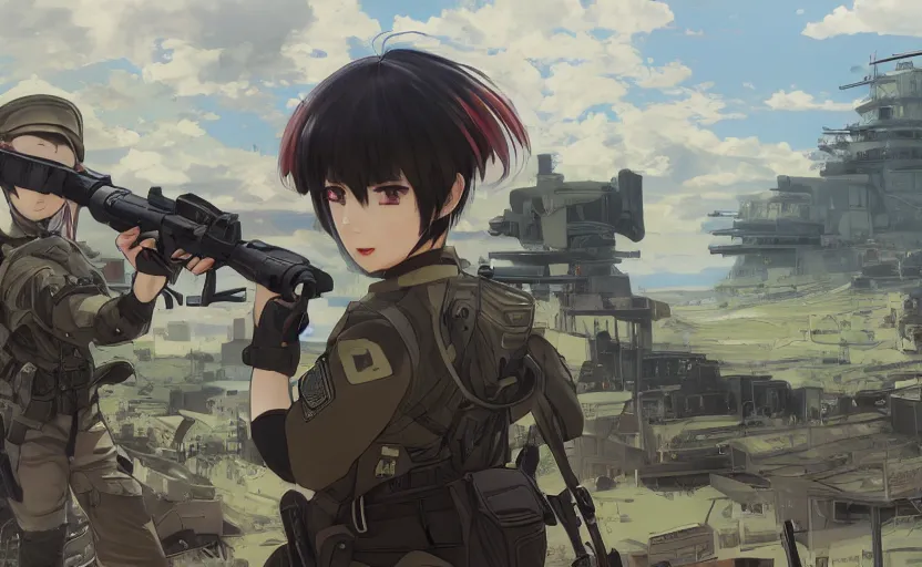 Prompt: panoramic view, girl, soldier clothing, battlefield in background, anime style, short hair, hair down, symmetrical facial features, combat googles, from arknights, hyper realistic, 4 k, extreme detail, detailed drawing, trending artstation, safebooru, realistic lighting, by alphonse mucha, ilya kuvshinov, greg rutkowski, sharp focus