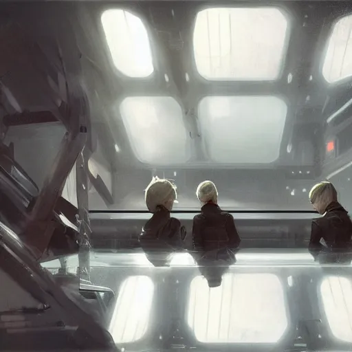 Image similar to concept art by greg rutkowski, a very tall, and slender woman with blond hair, sitting with the crew in the ship's flight deck, brutalist futuristic interior, dark lighting atmosphere, detailed portraits, nostalgic atmosphere, scifi, digital painting, artstation, concept art, smooth, sharp foccus ilustration, artstation hq