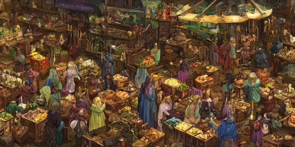 Image similar to an image of a bustling elven marketplace in the genre of dungeons and dragons
