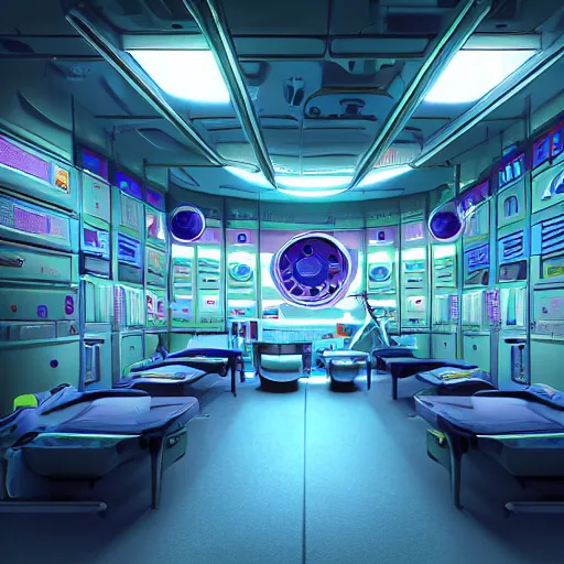 Prompt: clowncore pixar picture of a cyberpunk medical bays | x - ray machines, exam beds | sci fi fantasy, golden ratio, sharp focus, concept art
