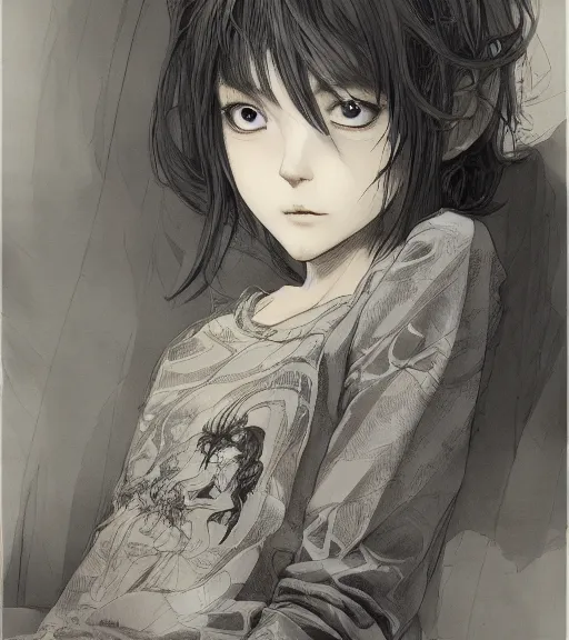 Image similar to portrait of anime girl wearing pajamas, pen and ink, intricate line drawings, by craig mullins, ruan jia, kentaro miura, greg rutkowski, loundraw