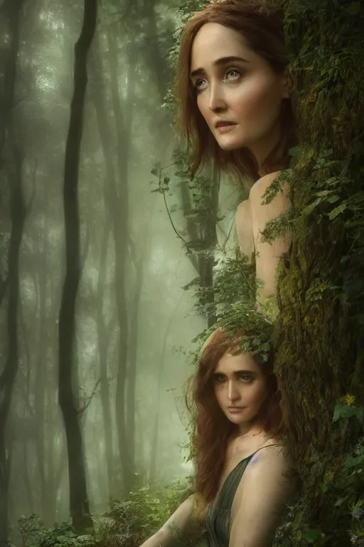 Image similar to A beautiful fairy princess(looking like Rose Byrne), in a dark forest, telephoto close up, cool tones, underexposed, overecast, mysterious matte painting by greg rutkowski and marc simonetti and Ivan Shishkin and christophe Vacher, 4k