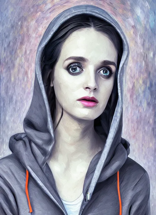 Image similar to twiggy fashion pose wearing, gray hoodie, jeans, tiara, half body shot, path traced, highly detailed, high quality, digital painting, alena aenami, leonid afremov, lilia alvarado, shinji aramaki, karol bak, alphonse mucha, tom bagshaw