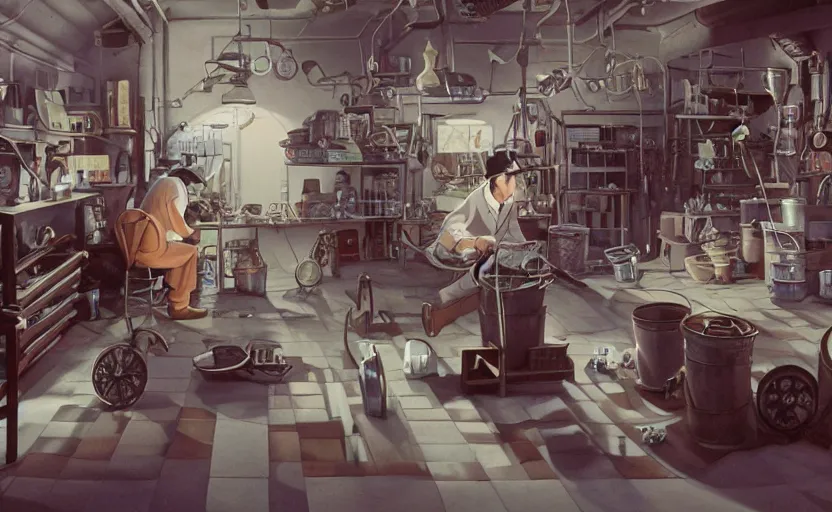 Prompt: a film still of willie wonka's chocolate factory 1973, animation key shot of a focused auto mechanic repairing the tires of a motorcycle in the workshop garage, medium shot, waist up, studio Ghibli, Pixar and Disney animation, sharp, Rendered in Unreal Engine 5, anime key art by Greg Rutkowski, Bloom, dramatic lighting