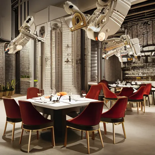 Prompt: kuka industrial robot arms around the dinner table of a fine dining restaurant with global illumination