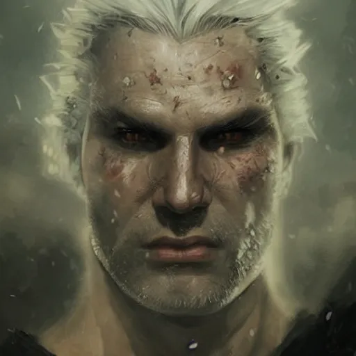 Prompt: an enraged geralt of rivia, close up, portrait, sinister atmospheric lighting. highly detailed painting by greg rutkowski, anime style