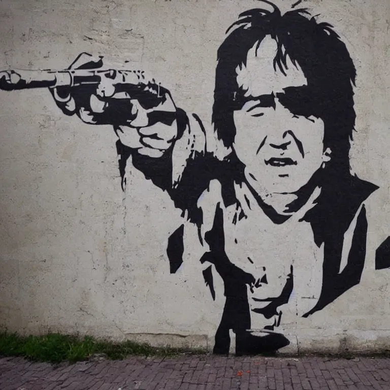 Image similar to Street-art full-body portrait of Jackie Chan in style of Banksy