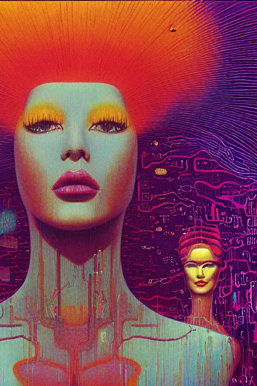 Image similar to 8 0 s art deco close up portait of miss of the world, rain like a dream oil painting curvalinear clothing cinematic dramatic cyberpunk textural fluid lines otherworldly vaporwave interesting details fantasy lut epic composition by basquiat zdzisław beksinski james jean artgerm rutkowski moebius francis bacon gustav klimt