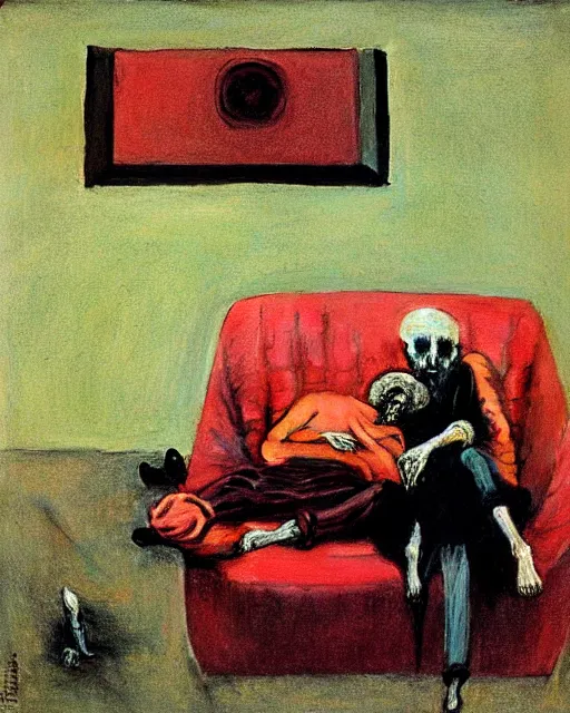 Prompt: early color photo of an old dead couple sitting on a couch in an old soviet apartment, Beksinski painting, part by Adrian Ghenie and Gerhard Richter. art by Takato Yamamoto, Francis Bacon masterpiece