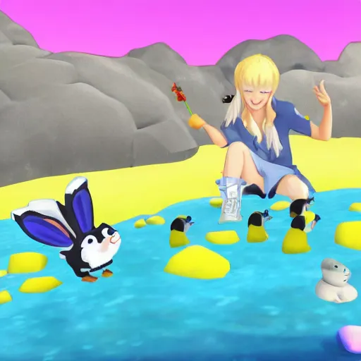 Prompt: bunny vtuber playing with penguins