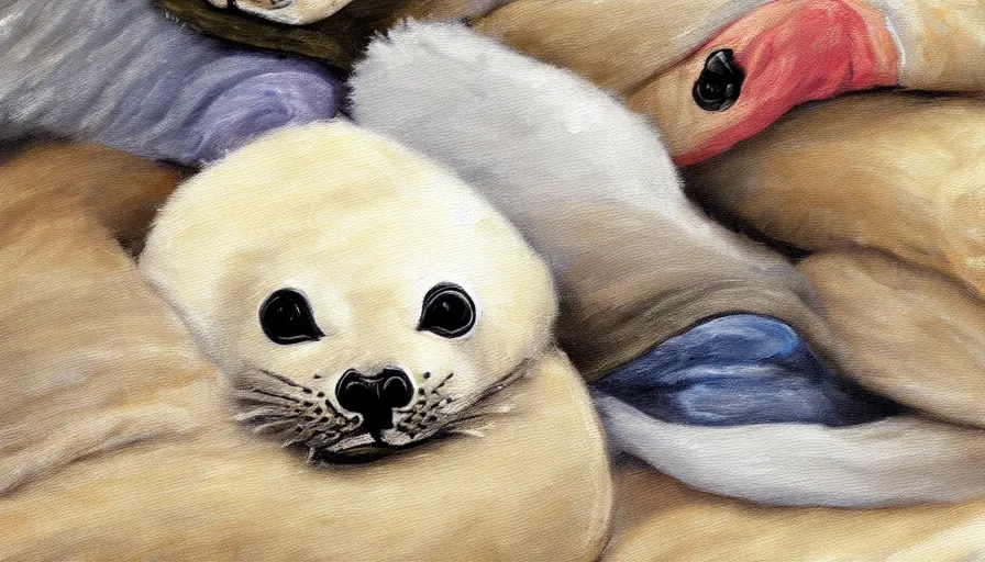 Image similar to highly detailed painting of cute furry white baby seals cuddling up in a big pile of socks by william turner, thick brush strokes and visible paint layers, 4 k resolution