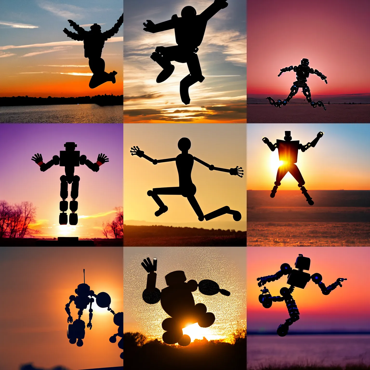 Prompt: robot silhouette jumping for joy during a sunset, golden hour