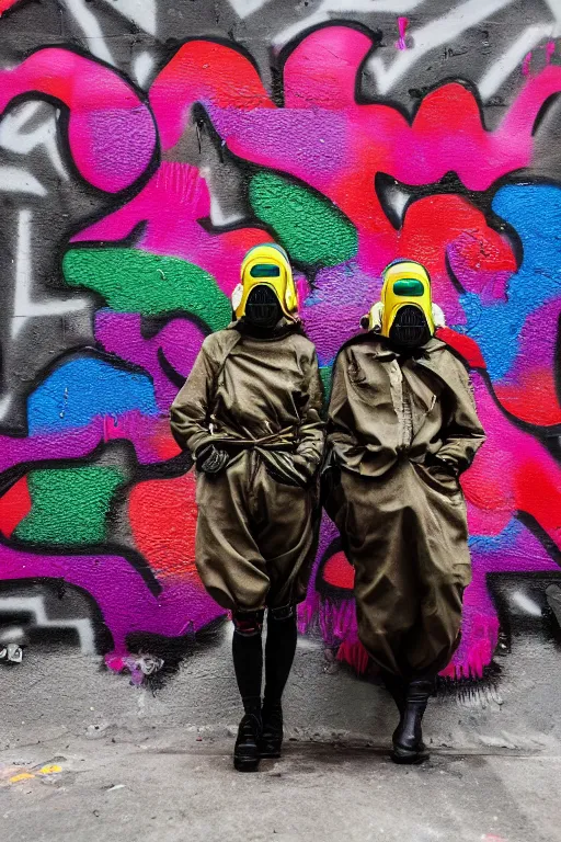 Image similar to a surreal portrait of two women wearing gas masks camouflaged into a wall of colorful graffiti in the style of brooke didonato, editorial fashion photography from vogue magazine, full shot, nikon d 8 1 0, ƒ / 2. 5, focal length : 8 5. 0 mm, exposure time : 1 / 8 0 0, iso : 2 0 0