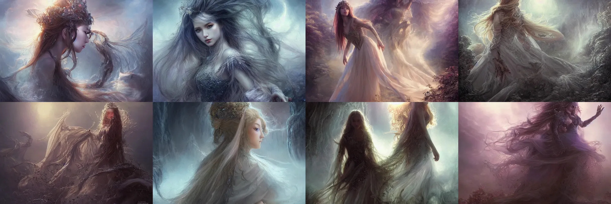 Prompt: a highly detailed portrait of a princess with long hairs, a view to an eerie fantasy world, ethereal back light, mist, coherent composition, detailed fantasy painting by artgerm, noriyoshi ohrai, yuumei