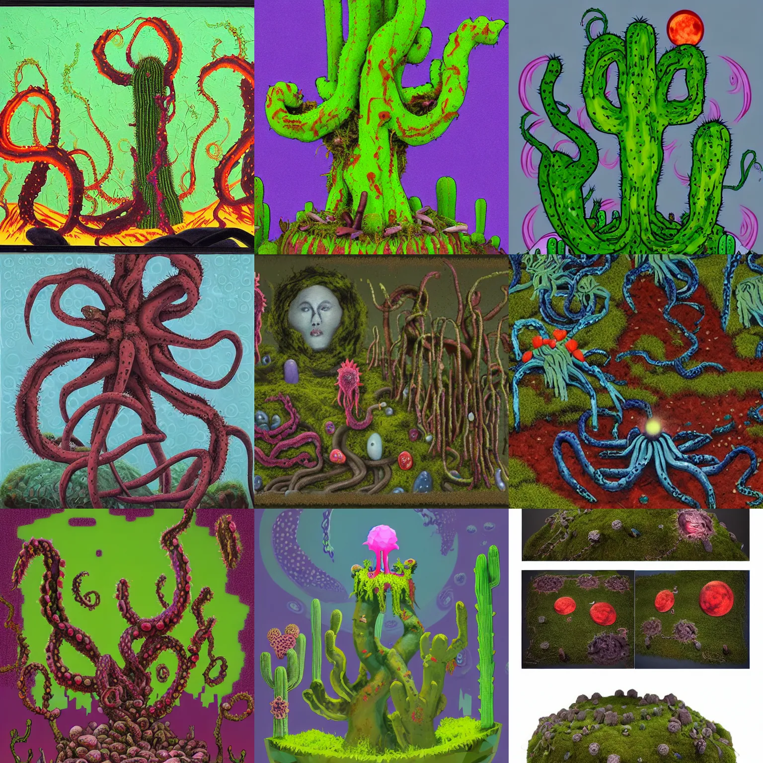 Image similar to voidless of the festival!, The Graveyard, blood moon tentacles!!, outsider art!!!, The ego separates by Wojciech Siudmak!!!!, a single potted cactus in a laboratory!!!!!, large group of crabs and worms, crawling along a bed of moss, low poly, creeper world, handcrafted, artstation, hyperrealistic, hard light, best practices, creeptastic, photorealism, macro perspective, cuddly