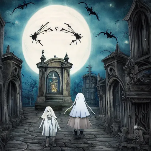 Prompt: anime hd, anime, 2 0 1 9 anime, tim burton children, western artstyle in anime, ghost children, children born as ghosts, dancing ghosts, london cemetery, albion, london architecture, buildings, gloomy lighting, moon in the sky, gravestones, creepy smiles