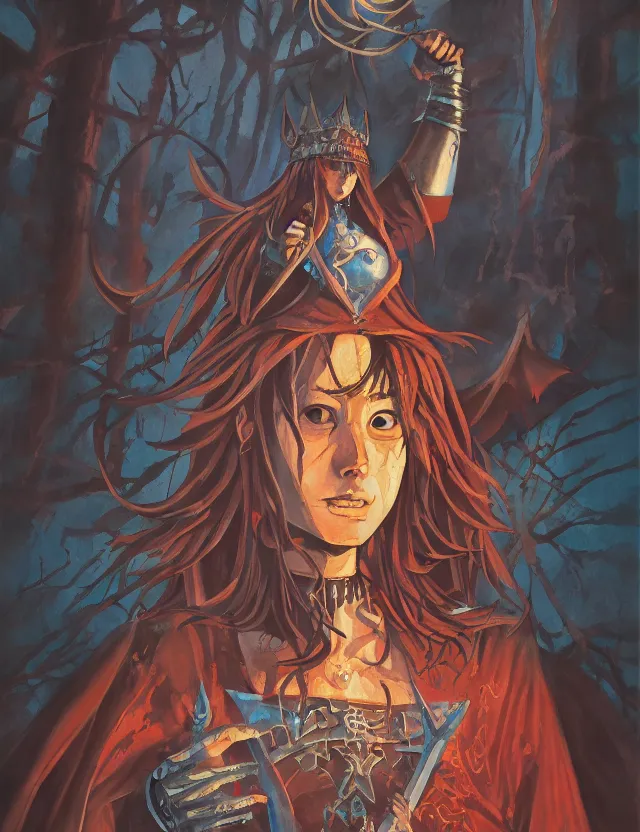 Image similar to priestess of the steel hills. gouache painting by the award - winning mangaka, bloom, chiaroscuro, backlighting, depth of field.