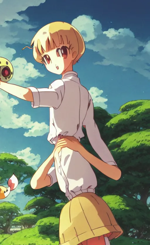 Image similar to a pocket monster go card from 1 9 5 0, illustration, adult beetle trainer girl, clear sky background, lush landscape, concept art, anime key visual, trending pixiv fanbox, by wlop and greg rutkowski and makoto shinkai and studio ghibli and kyoto animation, realistic anatomy, symmetrical facial features, short hair, hair down