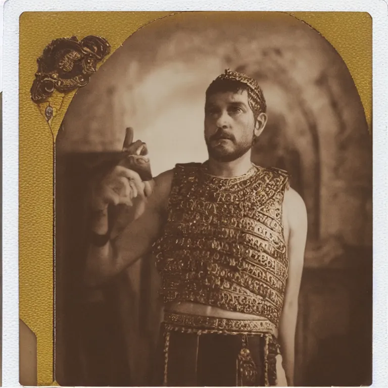 Prompt: cursed polaroid photograph of a man wearing roman emperor clothing in a pristine marble palace with romans, photorealistic, dramatic lighting, intricate details