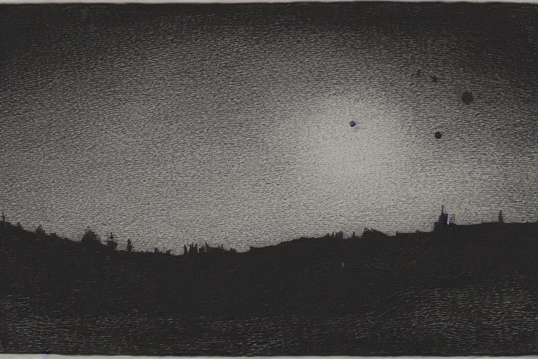 Prompt: foggy night sky, etching, black and white, high detail, engraving, printmaking — h 7 6 8