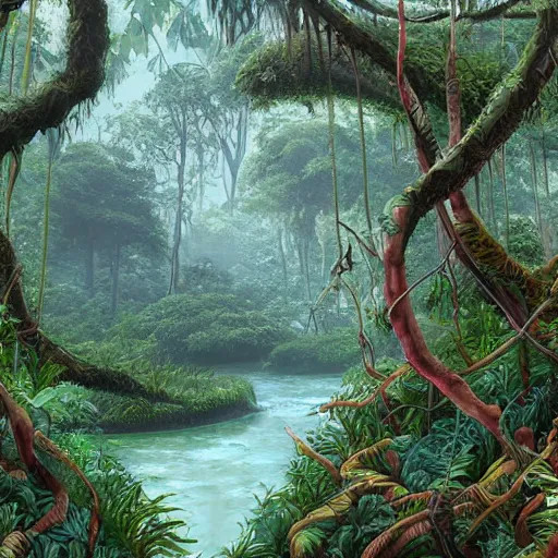 Prompt: a painting of a jungle river in a forest, a photorealistic painting by james jean, behance contest winner, fantasy art, made of vines, concept art, 2 d game art