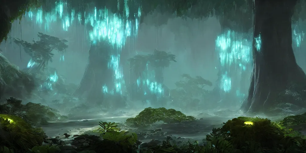 Prompt: an environmental concept art of avatar, bioluminescence, highly detailed, environmental light, cinematic by francis tneh