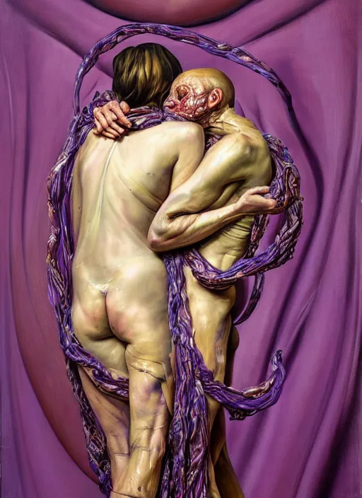 Prompt: a surreal biomorphic painting of two humanoid figures entwined in an embrace by jenny saville and charlie immer, draped in purple and gold cloth, highly detailed, emotionally evoking, rendered in octane