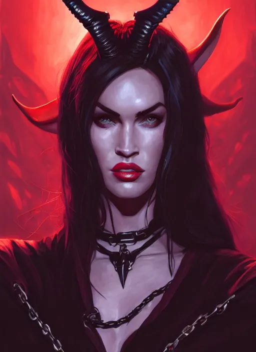 Image similar to portrait of megan fox as a evil demon with hornes, collar and leash, batwings, hell, dark, intricate, headshot, key visual, conceptart, ambient lighting, highly detailed, digital painting, artstation, concept art, sharp focus, by makoto shinkai and akihiko yoshida and greg manchess