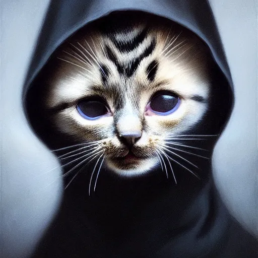 Image similar to a portrait of a kitten wearing a black hood, cloak covering face, anatomically correct, beautiful perfect face, enigmatic, oil painting, matte, black background, Volumetric dynamic lighting, Highly Detailed, Cinematic Lighting, Unreal Engine, 8k, HD, by Beksinski