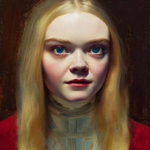 Prompt: Elle Fanning as an Android, head and shoulders, oil on canvas, golden hour, in the world of Andrew Wyeth, artstation, by J. C. Leyendecker and Peter Paul Rubens,