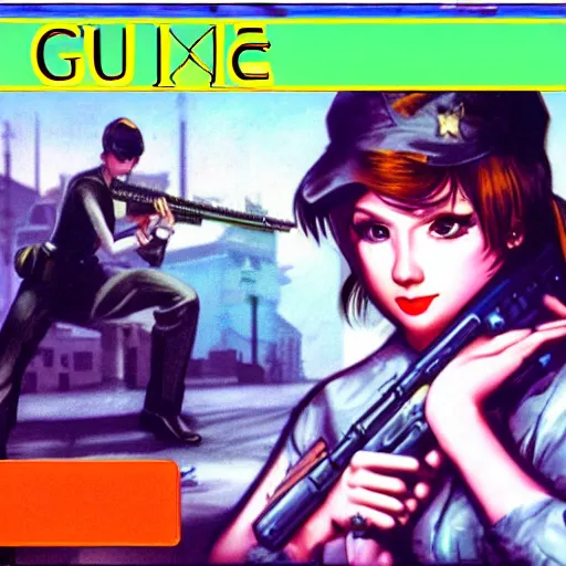 Image similar to gun dating sim, pc game from 1995, VGA,