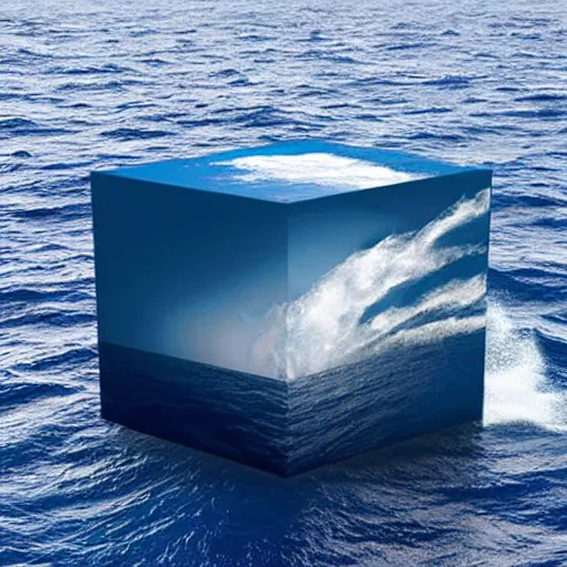 Image similar to a cube in the middle of the sea with images of a tumultuous storm at sea on its sides. in the style of Richard Serra