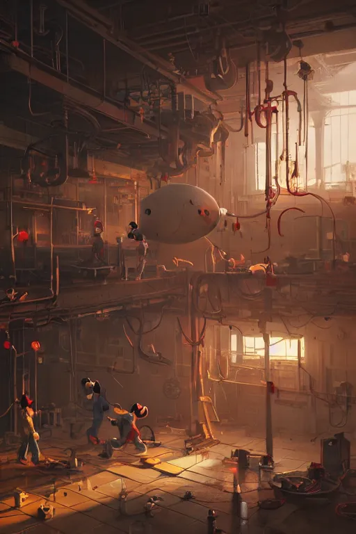 Prompt: mechanics fixing bloody mickey mouse head, mechanic facility, made by beeple, cgsociety, artgerm, greg rutkowski, highly detailed intricate 4 k art, low light cinematic, octane render, unreal engine,