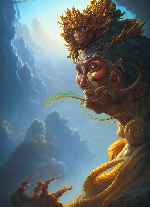 Prompt: the monkey king, in the style of tomasz alen kopera and fenghua zhong and peter mohrbacher, mystical colors, rim light, beautiful lighting, 8 k, stunning scene, raytracing, octane, trending on artstation