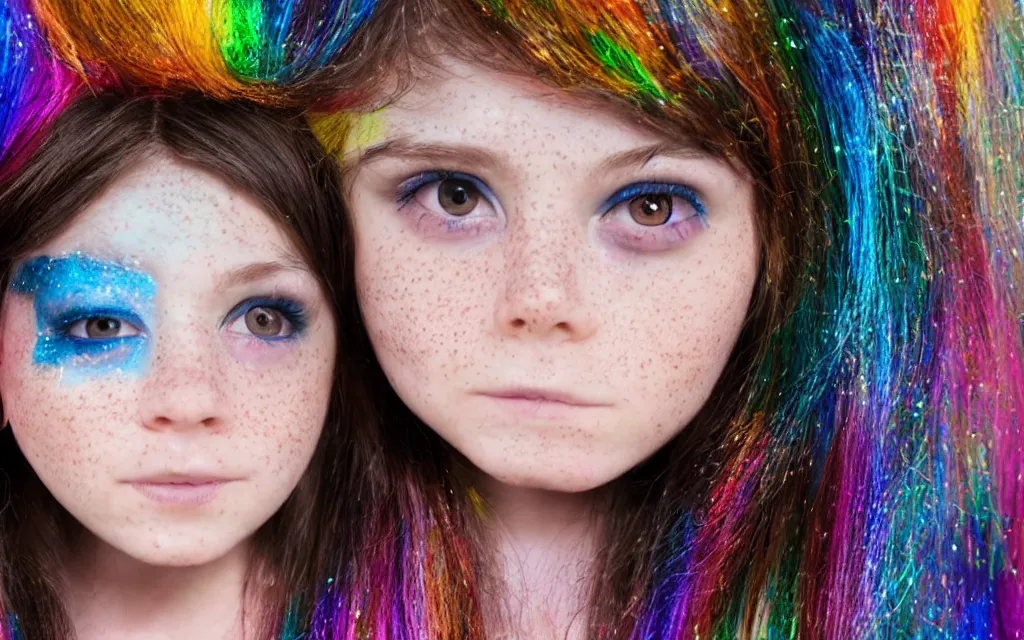 Prompt: a young girl with freckles and dark hair looks at the camera, she has sparkles and stickers on her face and big eyes, her hair is rainbow coloured and she has big dreams 3 d 8 k ultra detailed