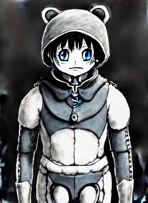 Image similar to beautiful little boy wearing an cyborg bear suit, artwork in kentaro miura and made in abyss and rosdraws, smooth, beautiful lightness, anatomically correct, trending on pixiv, forest